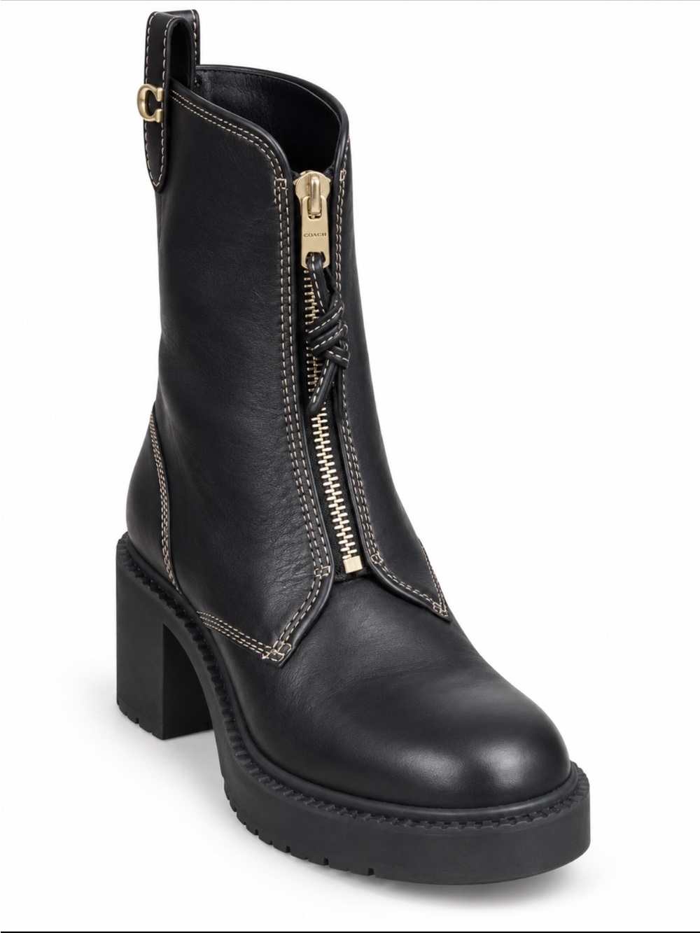 Coach Liza Black Leather Zip-Front Block Heel Ankle Boot with Heavy Chunky Sole